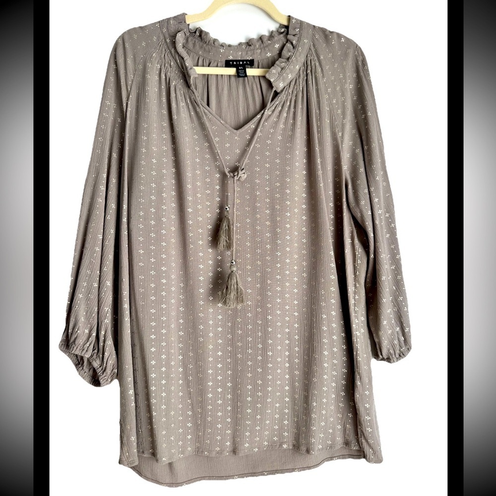 TRIBAL Women's Taupe Poets Blouse with Tassel Detail Sz L